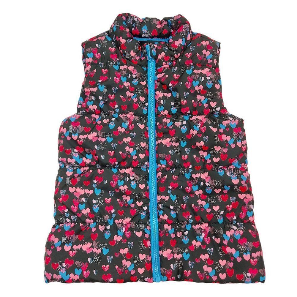 Energie Girls Puffer Vest Medium Red Pink Hearts Print Lined Winter Warm Outdoor